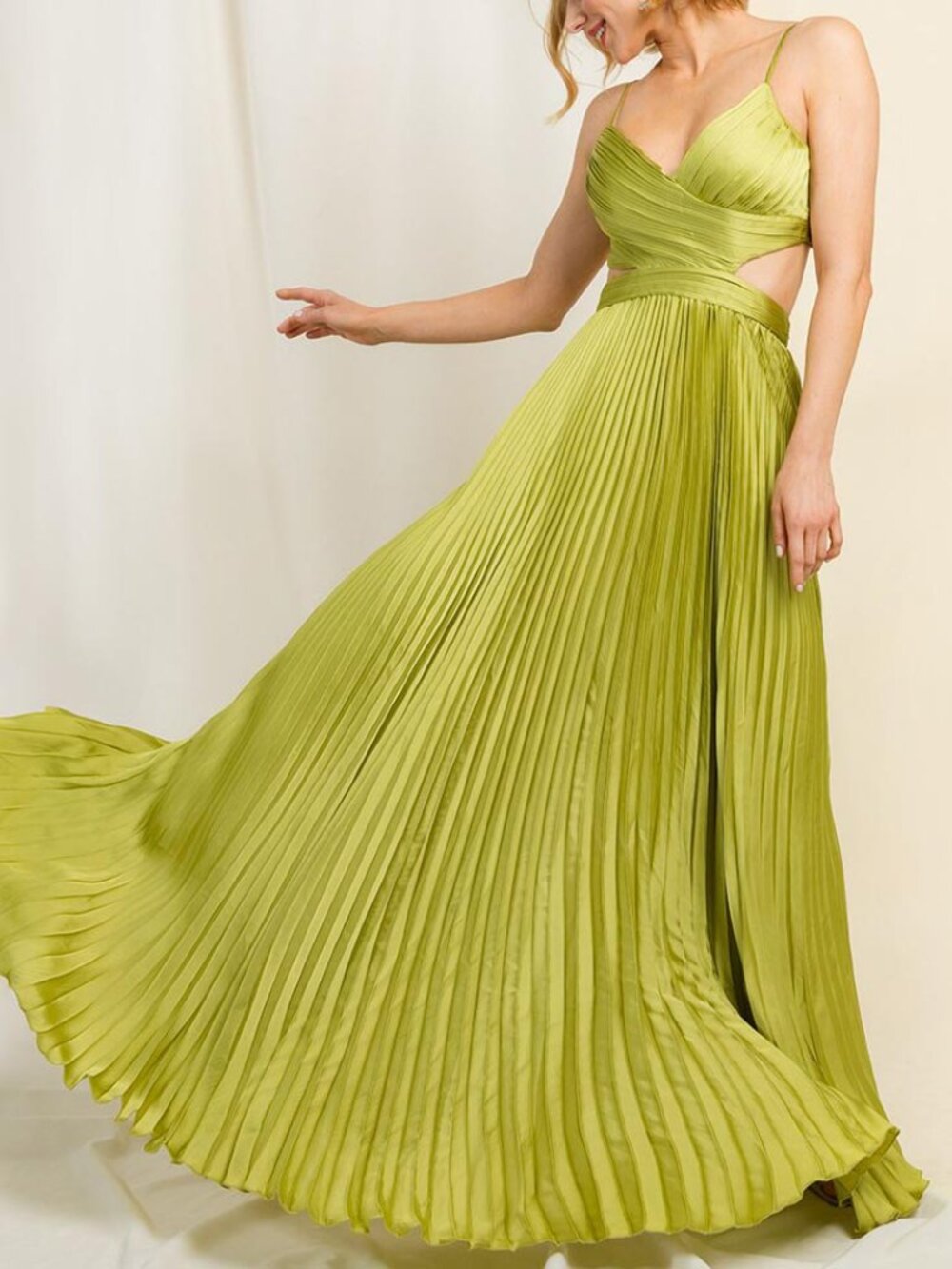Lime Green Pleated Cutout Formal Wedding Maxi Dress 6